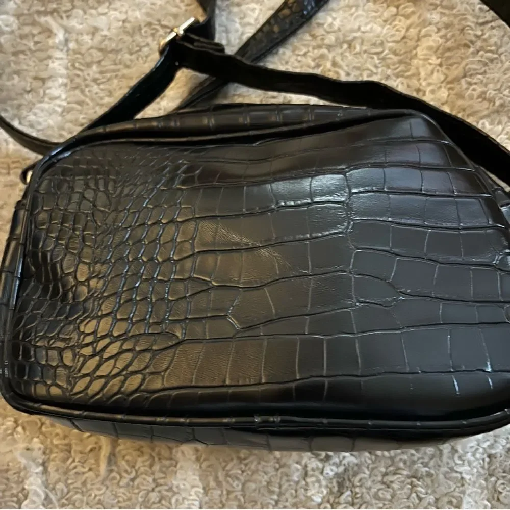 Alexis Bendel Black Croc Crossbody Bag with Orange and White Accents